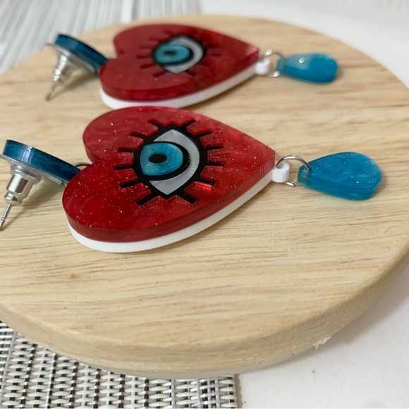 🔥 S O L D Evil Eye Love Heart Statement Earrings - Deep Red - Acrylic - Picture 5 of 9